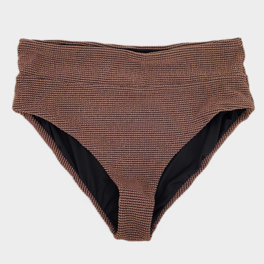 Hanna Nikole High Waisted Textured Bikini Bottom XL Brown Metallic Copper Lined